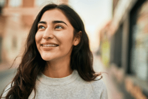 Patient with braces smiling while learning why braces may take longer than expected in Palm City FL